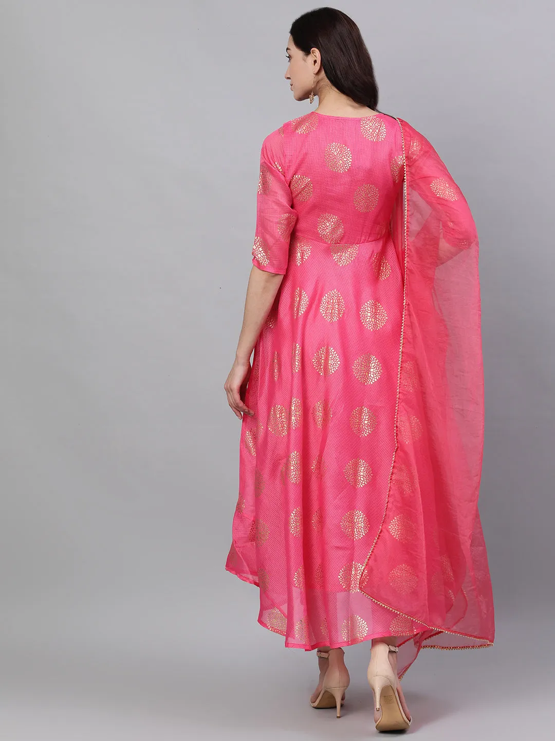 Women Pink Ethnic Motifs Printed Tie-Up Neck Cotton Maxi Dress With Dupatta