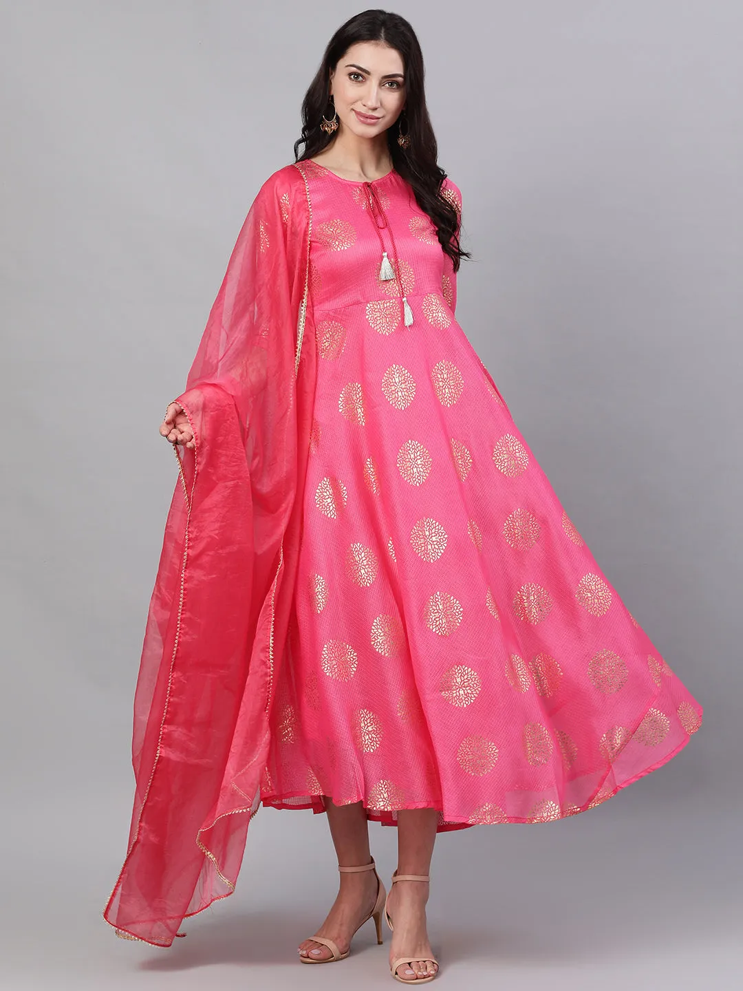 Women Pink Ethnic Motifs Printed Tie-Up Neck Cotton Maxi Dress With Dupatta