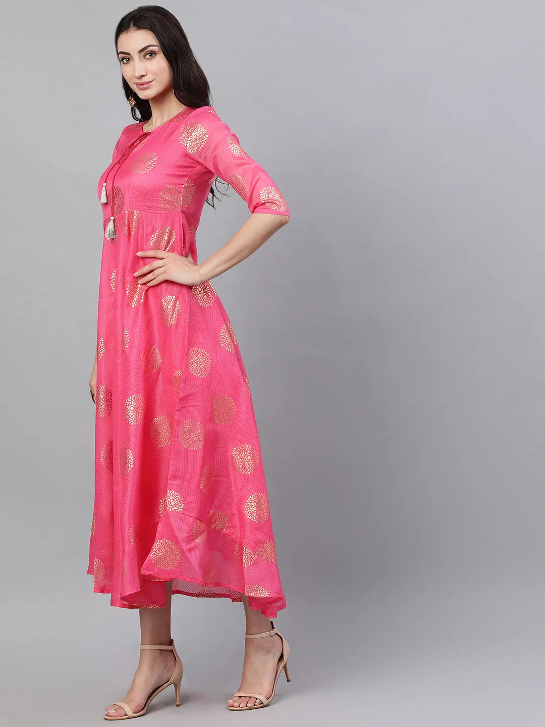 Women Pink Ethnic Motifs Printed Tie-Up Neck Cotton Maxi Dress With Dupatta