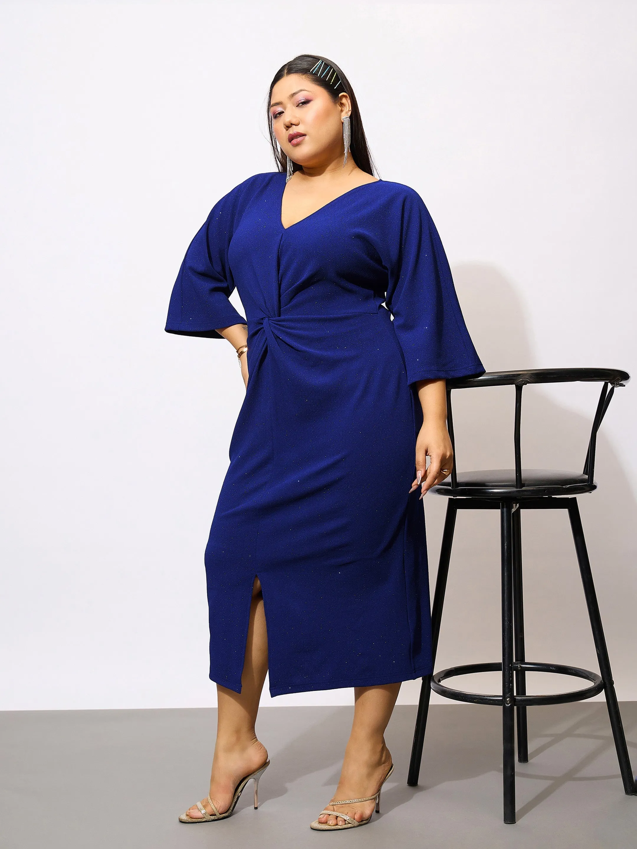 Women Royal Blue Glitter Mock Knot Bodycon Dress