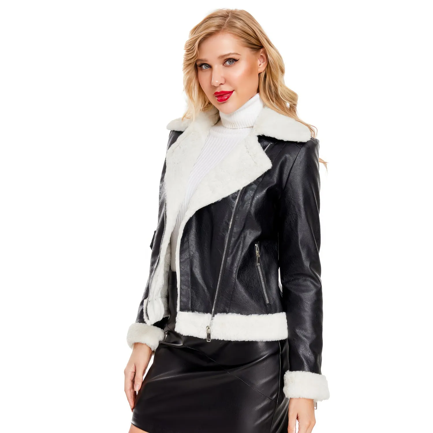 Women’s Black Biker Genuine Sheepskin Sherpa Shearling Faux Fur Moto Café Racer Asymmetric Bomber Leather Jacket