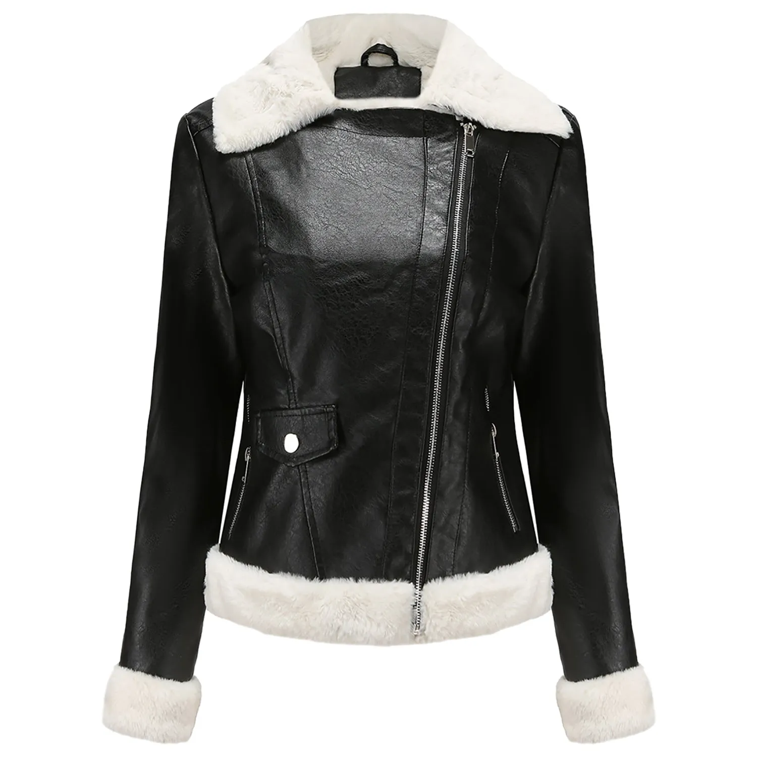 Women’s Black Biker Genuine Sheepskin Sherpa Shearling Faux Fur Moto Café Racer Asymmetric Bomber Leather Jacket