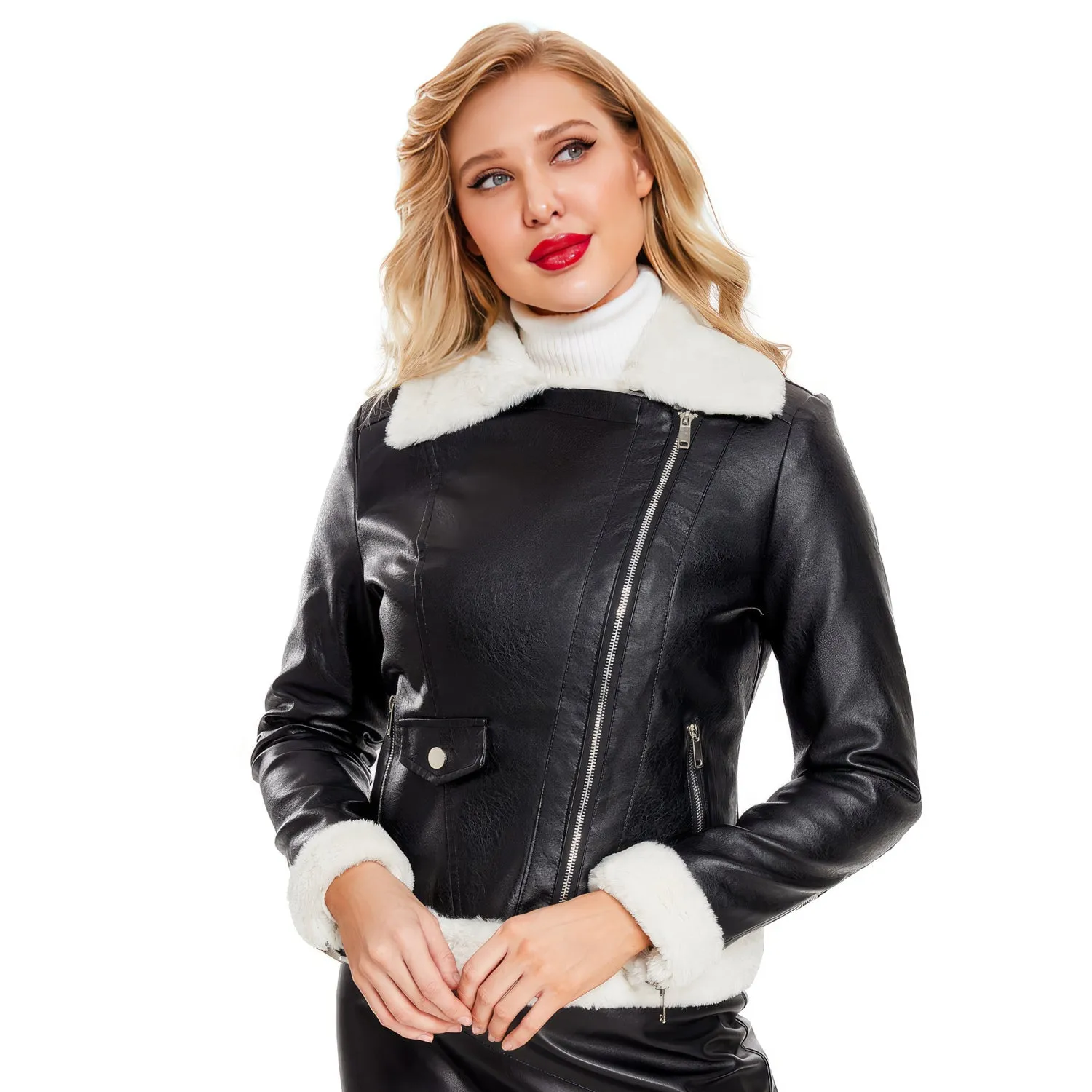 Women’s Black Biker Genuine Sheepskin Sherpa Shearling Faux Fur Moto Café Racer Asymmetric Bomber Leather Jacket