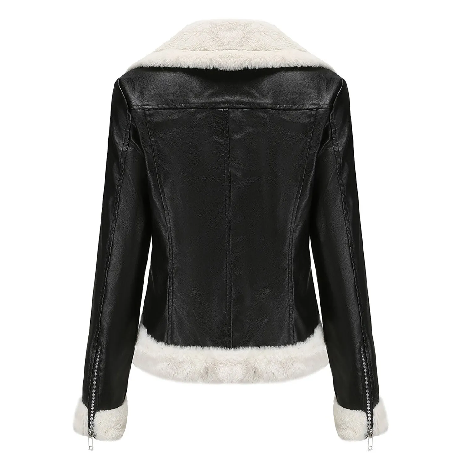 Women’s Black Biker Genuine Sheepskin Sherpa Shearling Faux Fur Moto Café Racer Asymmetric Bomber Leather Jacket