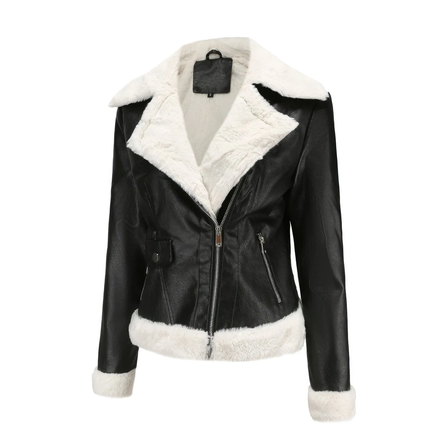 Women’s Black Biker Genuine Sheepskin Sherpa Shearling Faux Fur Moto Café Racer Asymmetric Bomber Leather Jacket