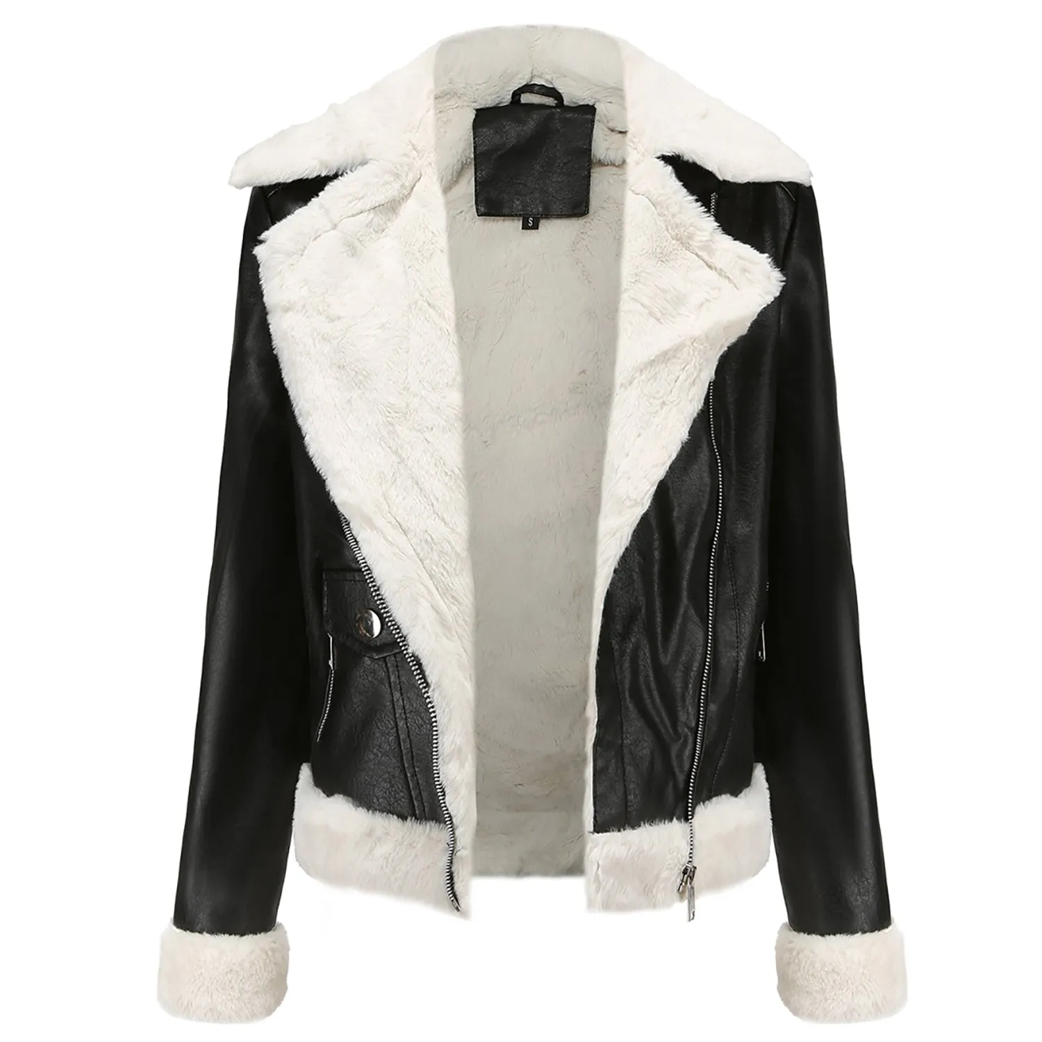 Women’s Black Biker Genuine Sheepskin Sherpa Shearling Faux Fur Moto Café Racer Asymmetric Bomber Leather Jacket