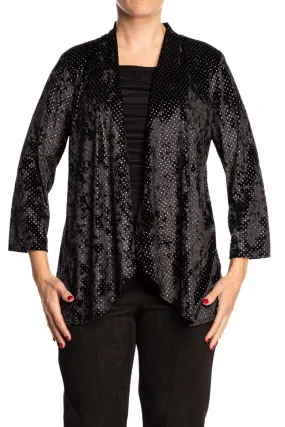 Women's Jacket Black velvet With Glitter Quality Stretch Fabric Washable Comfort Easy Care Design Sizes S-XLARGE On Sale Quality Made In Canada Exclusive at Yvonne Marie Boutiques