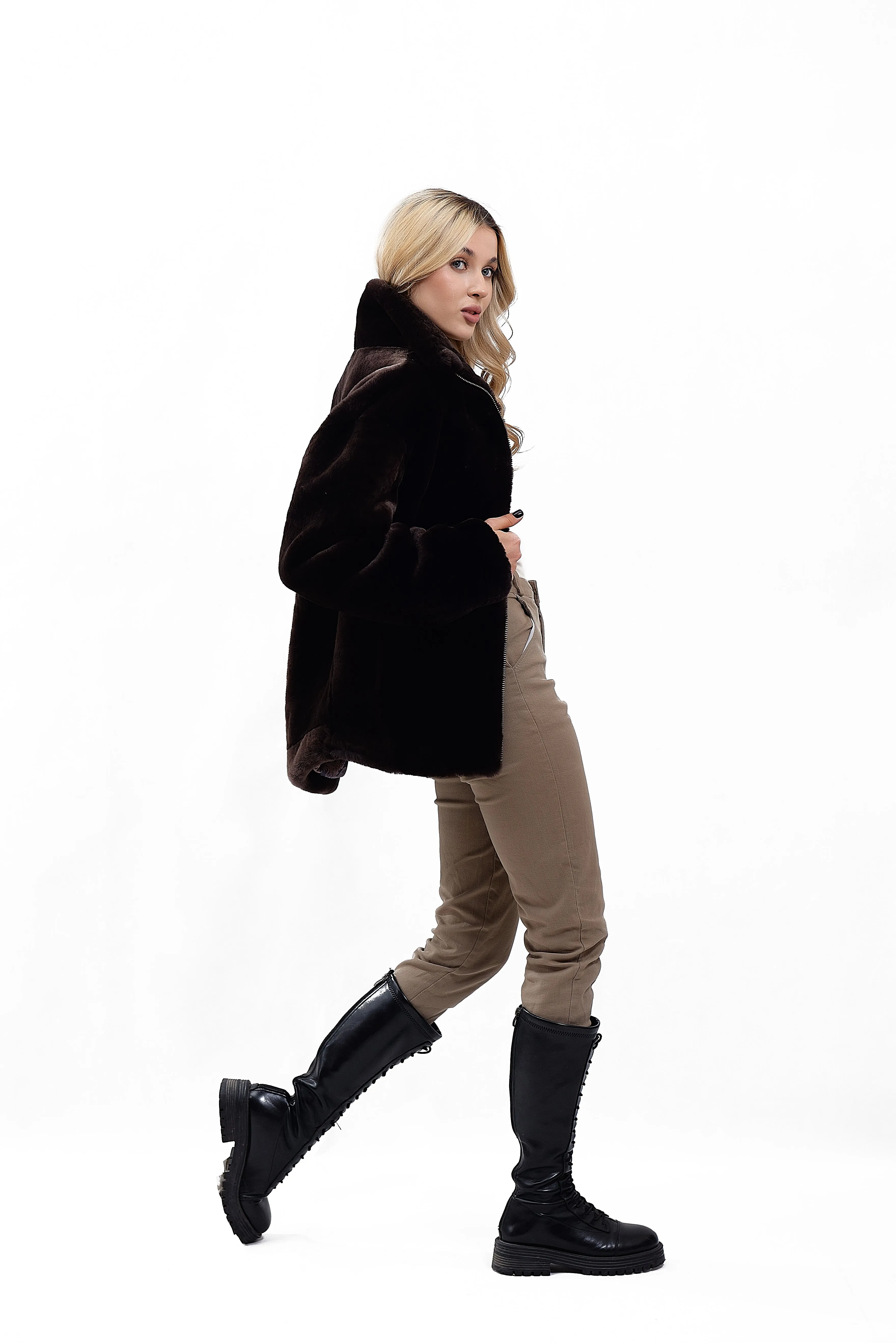 Women's Jacket Made of Brown Mouton Fur