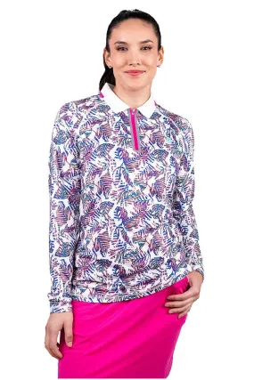 Women's Victory Lap Long Sleeve Golf Polo  |  Magnolia Pink Beach Leaves