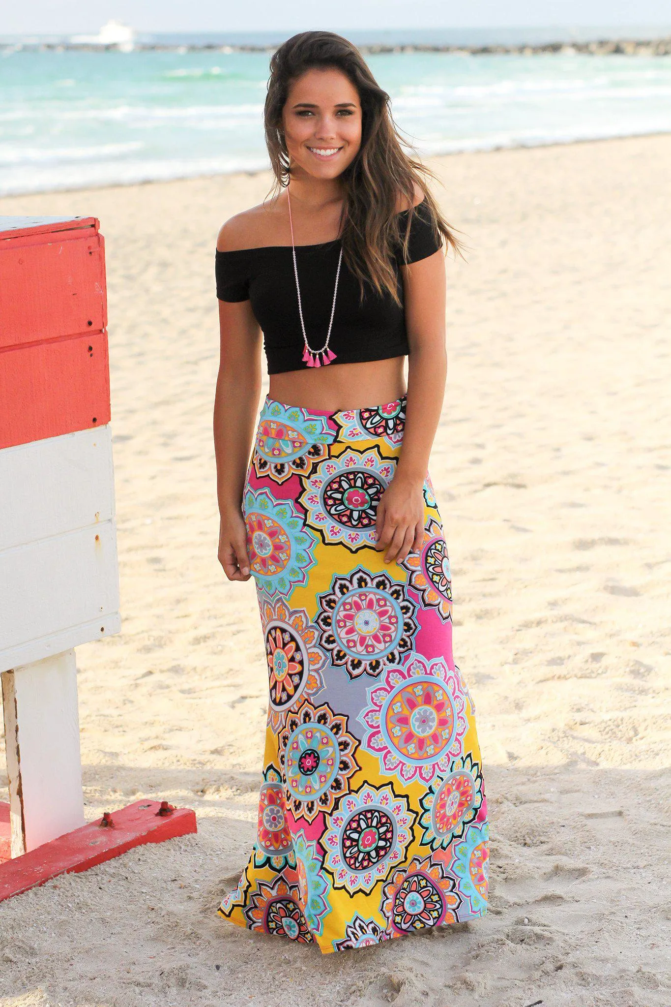 Yellow and Pink Medallion Printed Maxi Skirt