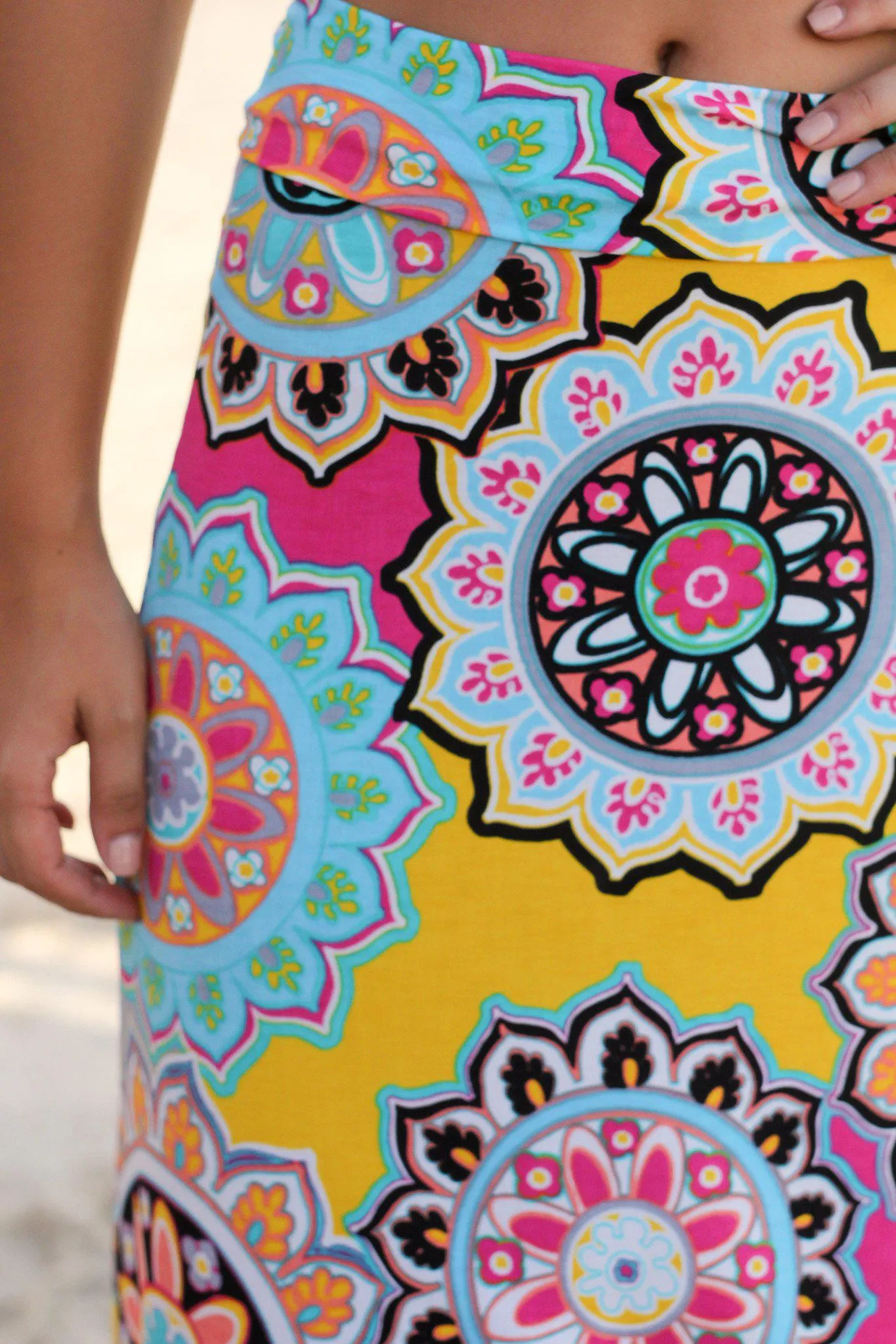 Yellow and Pink Medallion Printed Maxi Skirt