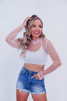 Zarha Rhinestone Mesh Crop Top - Ivory