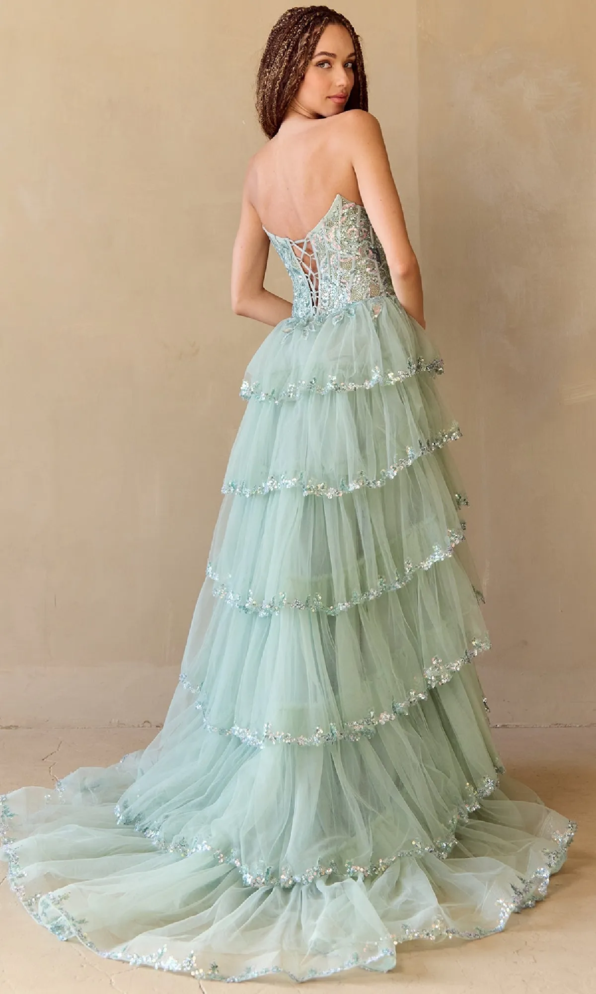 ZUZZANA Strapless Lace Applique Tulle Layered Prom & Formal Dress