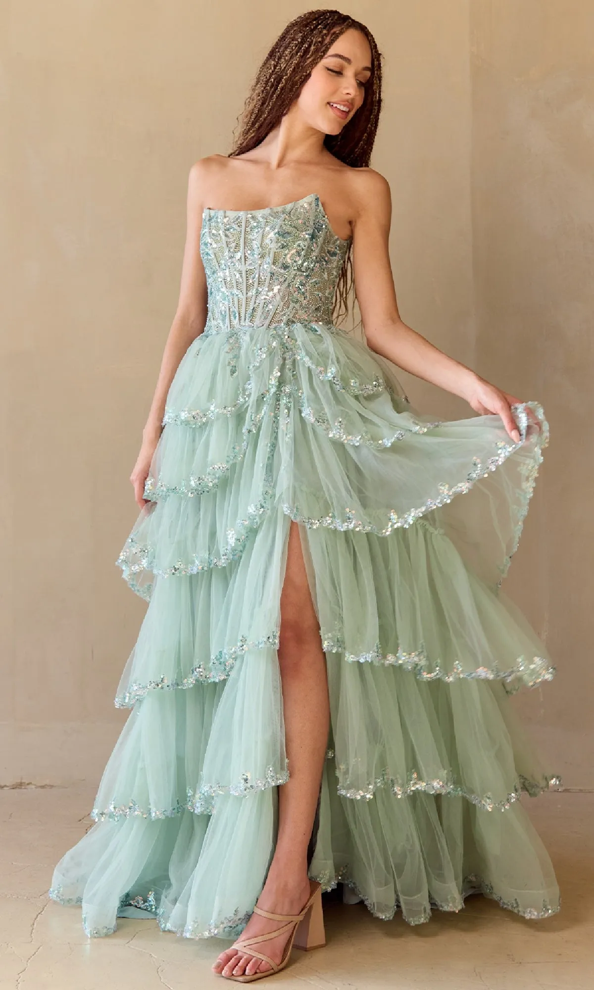 ZUZZANA Strapless Lace Applique Tulle Layered Prom & Formal Dress